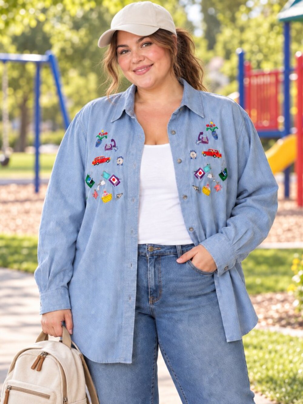 Vintage 90s Casey Coleman Womens 2X Mom Life Embroidered Chambray Shirt